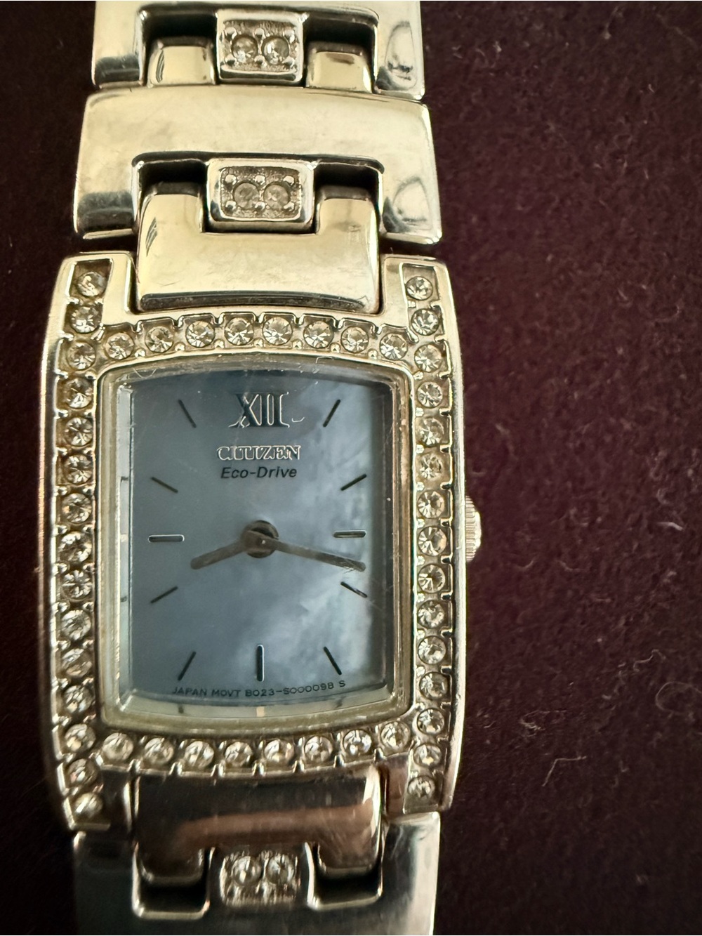 Citizen eco drive Silver-Tone Crystal Rectangle Watch with Light Blue Dial